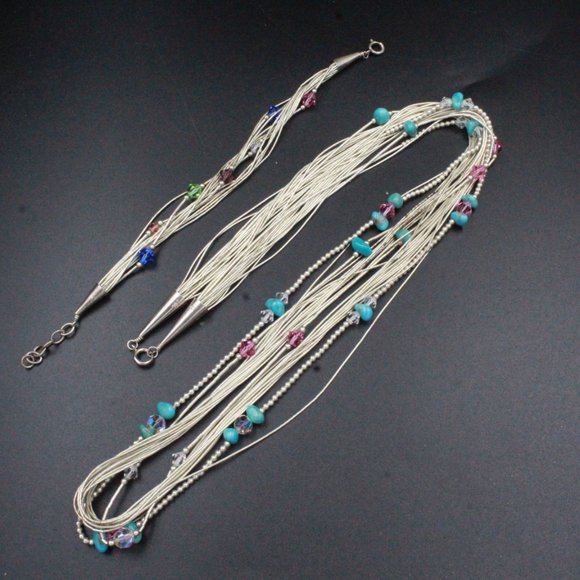 CAROLYN RELIOS LIQUID STERLING SILVER TURQUOISE GLASS FLOATING BEADS NECKLACE SE - Picture 5 of 8